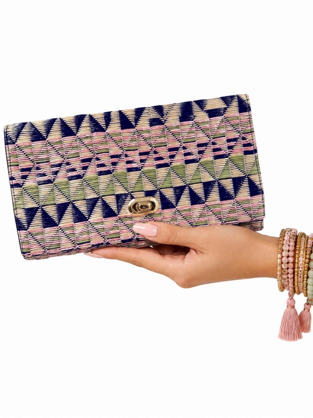 H&M AZTEC RAFFIA CLUTCH PINK GREEN BLACK GEOMETRIC DIAMOND GOLD HARDWARE
